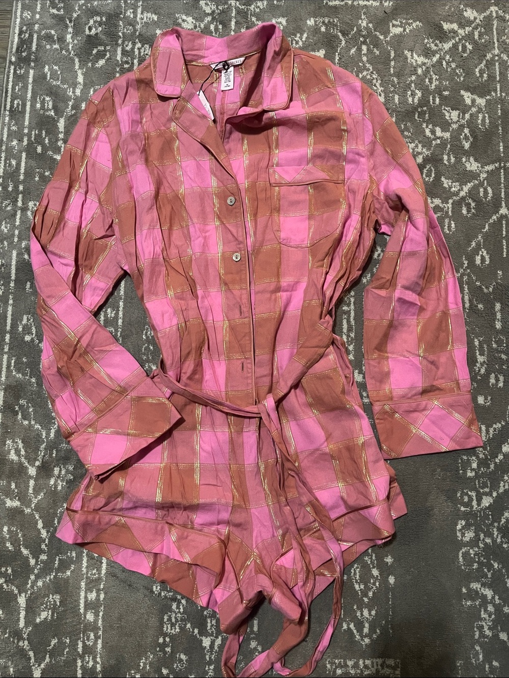 Victoria's Secret Pink and Copper Plaid Button-Front Romper